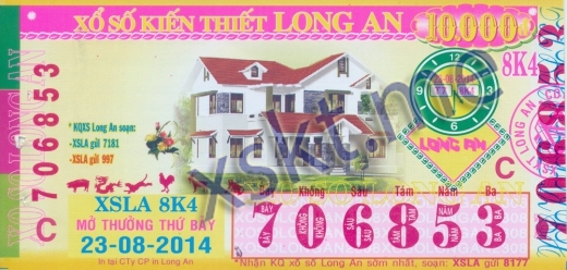 Mẫu vé sô xổ số Long An ngày 23/8/2014
