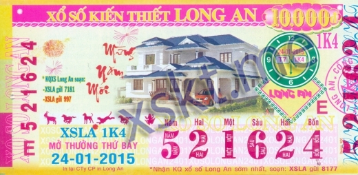 Mẫu vé sô xổ số Long An ngày 24/1/2015