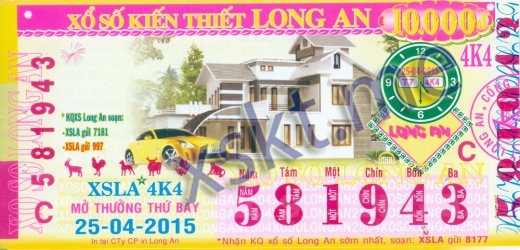 Mẫu vé sô xổ số Long An ngày 25/4/2015