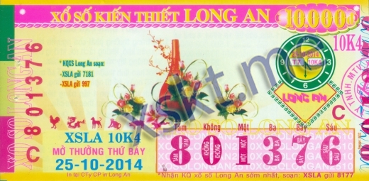Mẫu vé sô xổ số Long An ngày 25/10/2014
