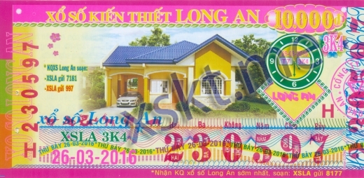 Mẫu vé sô xổ số Long An ngày 26/3/2016