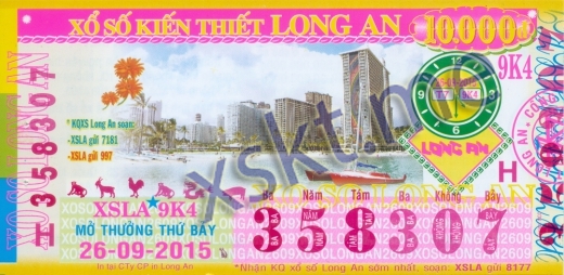 Mẫu vé sô xổ số Long An ngày 26/9/2015