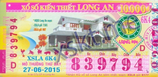 Mẫu vé sô xổ số Long An ngày 27/6/2015