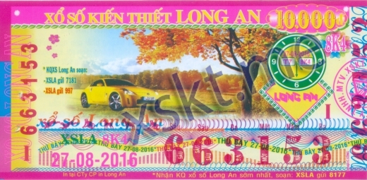 Mẫu vé sô xổ số Long An ngày 27/8/2016