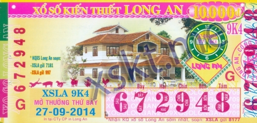 Mẫu vé sô xổ số Long An ngày 27/9/2014