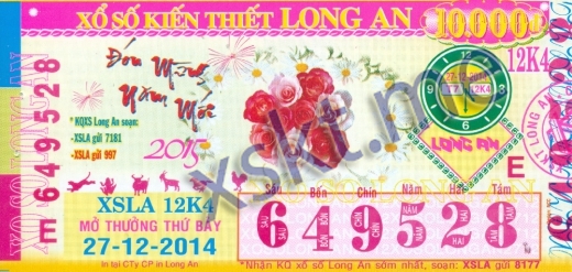 Mẫu vé sô xổ số Long An ngày 27/12/2014