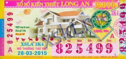 Mẫu vé sô xổ số Long An ngày 28/3/2015
