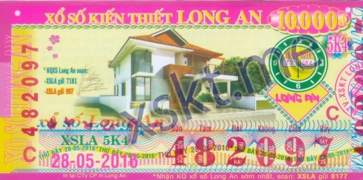Mẫu vé sô xổ số Long An ngày 28/5/2016