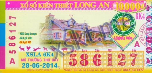 Mẫu vé sô xổ số Long An ngày 28/6/2014