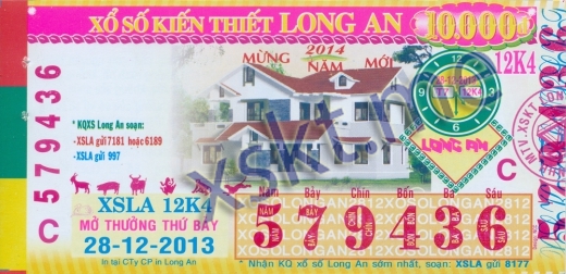 Mẫu vé sô xổ số Long An ngày 28/12/2013