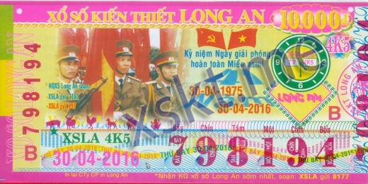 Mẫu vé sô xổ số Long An ngày 30/4/2016