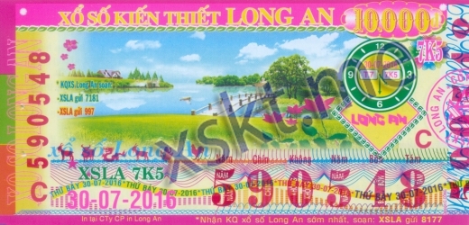 Mẫu vé sô xổ số Long An ngày 30/7/2016