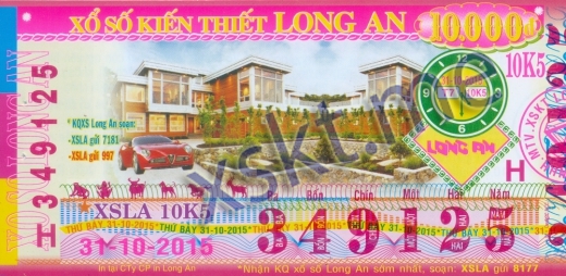 Mẫu vé sô xổ số Long An ngày 31/10/2015