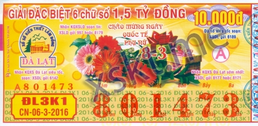 Mẫu vé sô xổ số Đà Lạt ngày 6/3/2016