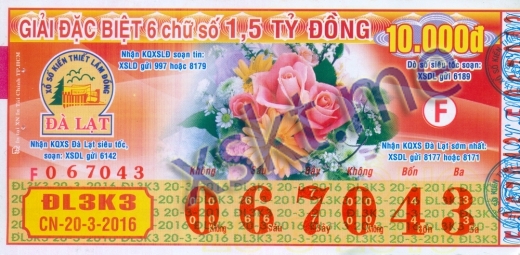 Mẫu vé sô xổ số Đà Lạt ngày 20/3/2016