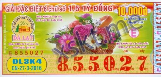 Mẫu vé sô xổ số Đà Lạt ngày 27/3/2016