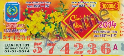 Mẫu vé sô xổ số Sóc Trăng ngày 1/1/2014