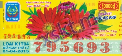 Mẫu vé sô xổ số Sóc Trăng ngày 1/4/2015