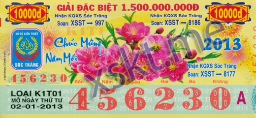 Mẫu vé sô xổ số Sóc Trăng ngày 2/1/2013