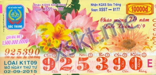 Mẫu vé sô xổ số Sóc Trăng ngày 2/9/2015