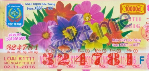 Mẫu vé sô xổ số Sóc Trăng ngày 2/11/2016
