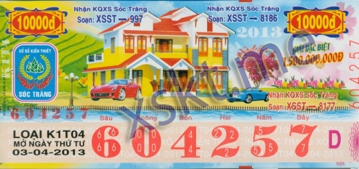 Mẫu vé sô xổ số Sóc Trăng ngày 3/4/2013