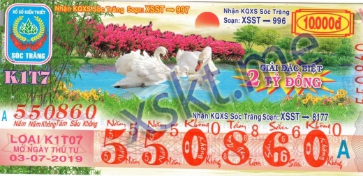 Mẫu vé sô xổ số Sóc Trăng ngày 3/7/2019