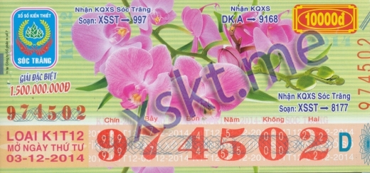 Mẫu vé sô xổ số Sóc Trăng ngày 3/12/2014
