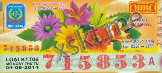 Mẫu vé sô xổ số Sóc Trăng ngày 4/6/2014