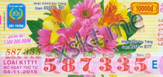 Mẫu vé sô xổ số Sóc Trăng ngày 4/11/2015