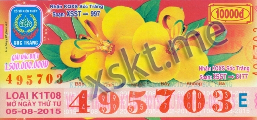 Mẫu vé sô xổ số Sóc Trăng ngày 5/8/2015