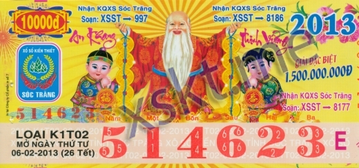 Mẫu vé sô xổ số Sóc Trăng ngày 6/2/2013