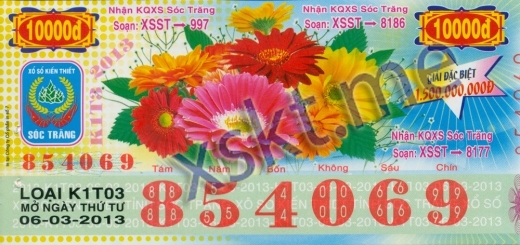 Mẫu vé sô xổ số Sóc Trăng ngày 6/3/2013