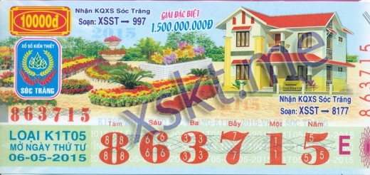 Mẫu vé sô xổ số Sóc Trăng ngày 6/5/2015