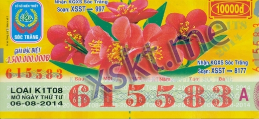 Mẫu vé sô xổ số Sóc Trăng ngày 6/8/2014