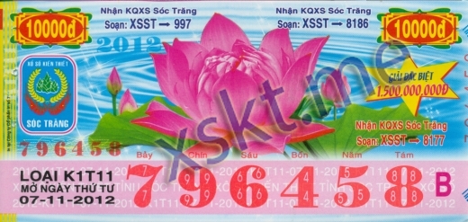 Mẫu vé sô xổ số Sóc Trăng ngày 7/11/2012