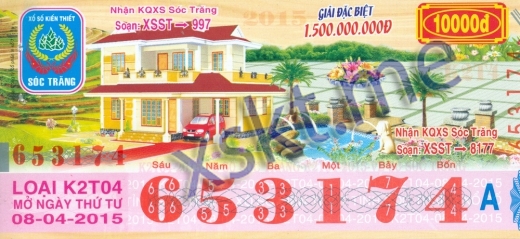 Mẫu vé sô xổ số Sóc Trăng ngày 8/4/2015