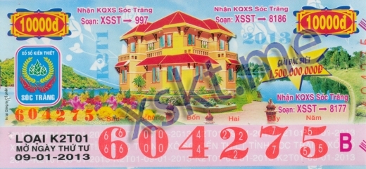 Mẫu vé sô xổ số Sóc Trăng ngày 9/1/2013