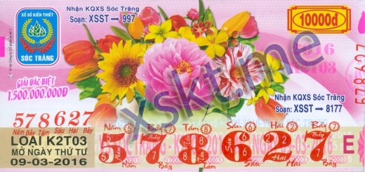 Mẫu vé sô xổ số Sóc Trăng ngày 9/3/2016
