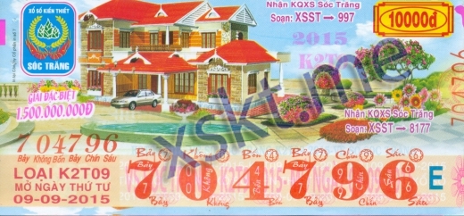 Mẫu vé sô xổ số Sóc Trăng ngày 9/9/2015
