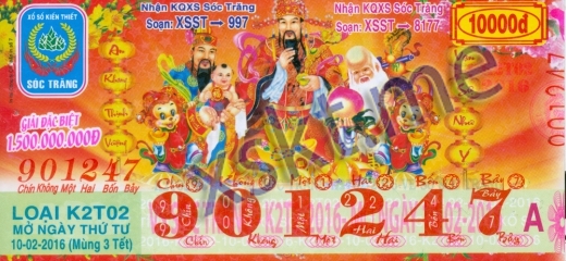 Mẫu vé sô xổ số Sóc Trăng ngày 10/2/2016