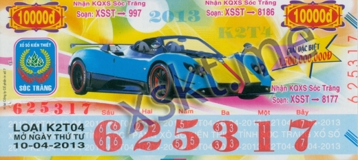 Mẫu vé sô xổ số Sóc Trăng ngày 10/4/2013