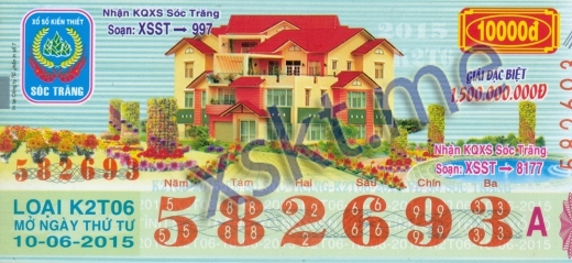 Mẫu vé sô xổ số Sóc Trăng ngày 10/6/2015