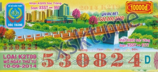 Mẫu vé sô xổ số Sóc Trăng ngày 10/9/2014