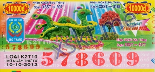 Mẫu vé sô xổ số Sóc Trăng ngày 10/10/2012