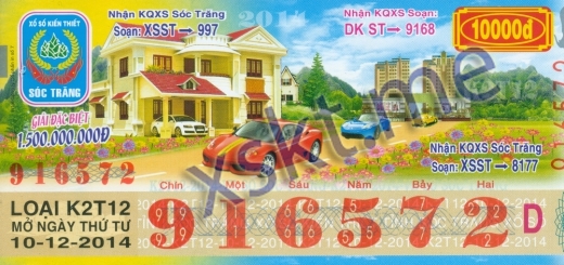 Mẫu vé sô xổ số Sóc Trăng ngày 10/12/2014