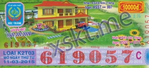 Mẫu vé sô xổ số Sóc Trăng ngày 11/3/2015