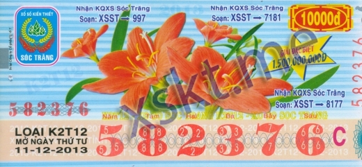 Mẫu vé sô xổ số Sóc Trăng ngày 11/12/2013