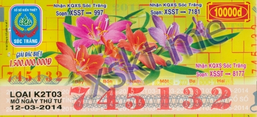 Mẫu vé sô xổ số Sóc Trăng ngày 12/3/2014