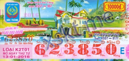 Mẫu vé sô xổ số Sóc Trăng ngày 13/1/2016